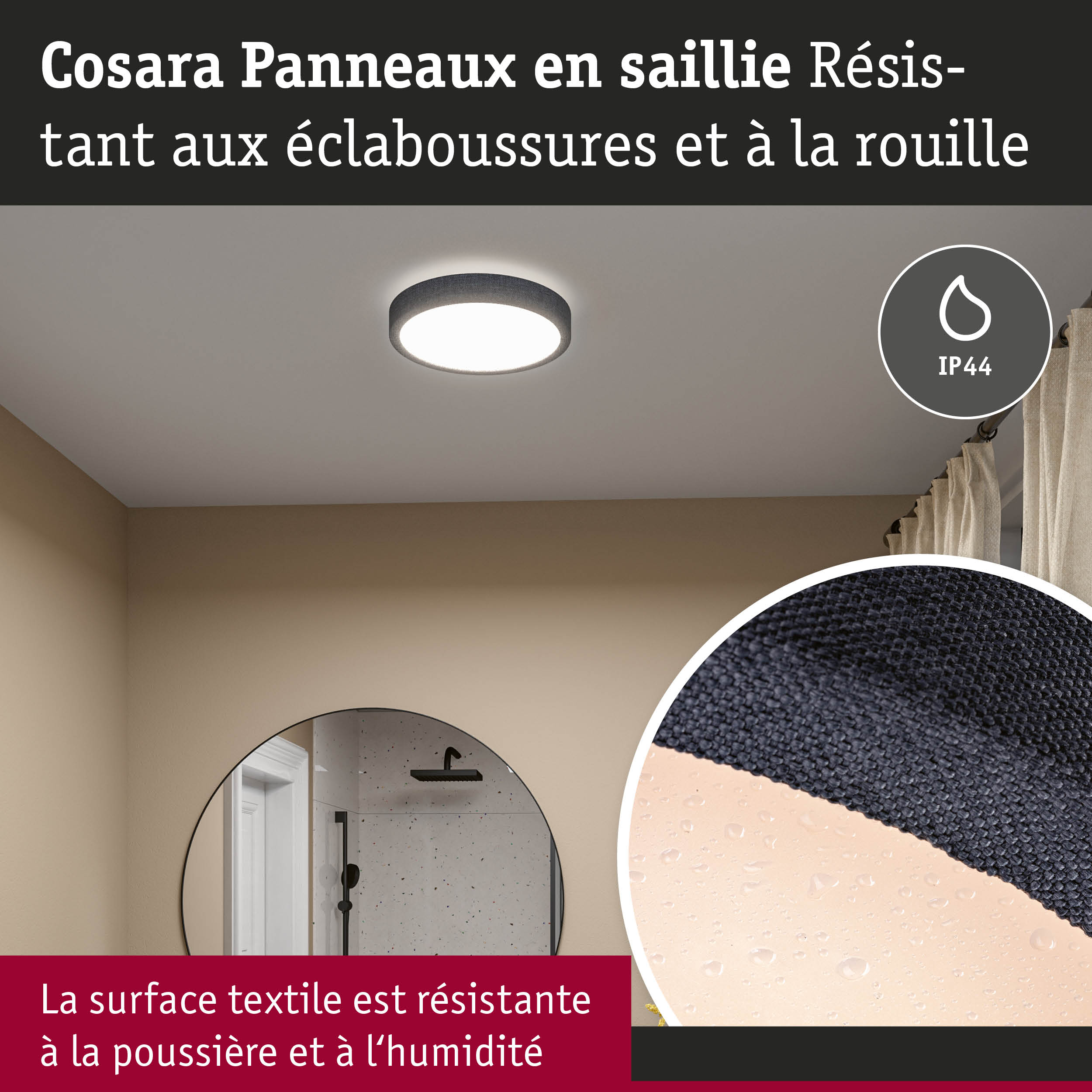Plafonnier rond avec bord textile noir, résistant à l'humidité et à la poussière IP44 pour salle de bain