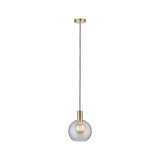 Modern pendant light with clear glass and brass-colored metal for stylish room lighting