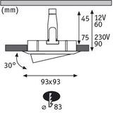 Technical drawing of LED recessed spotlight with 93x93 mm size and 30-degree tilt angle