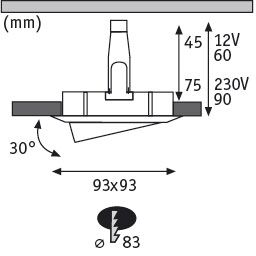 Technical drawing of LED recessed spotlight with 93x93 mm size and 30-degree tilt angle