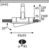 Technical drawing of LED recessed spotlight with 93x93 mm size and 30-degree tilt angle