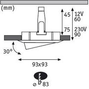 Technical drawing of square LED recessed spotlight 93x93 mm with 30-degree tilt and voltage details