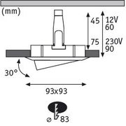 Schéma technique d'un spot LED encastré carré 93x93 mm avec inclinaison de 30 degrés et détails de tension