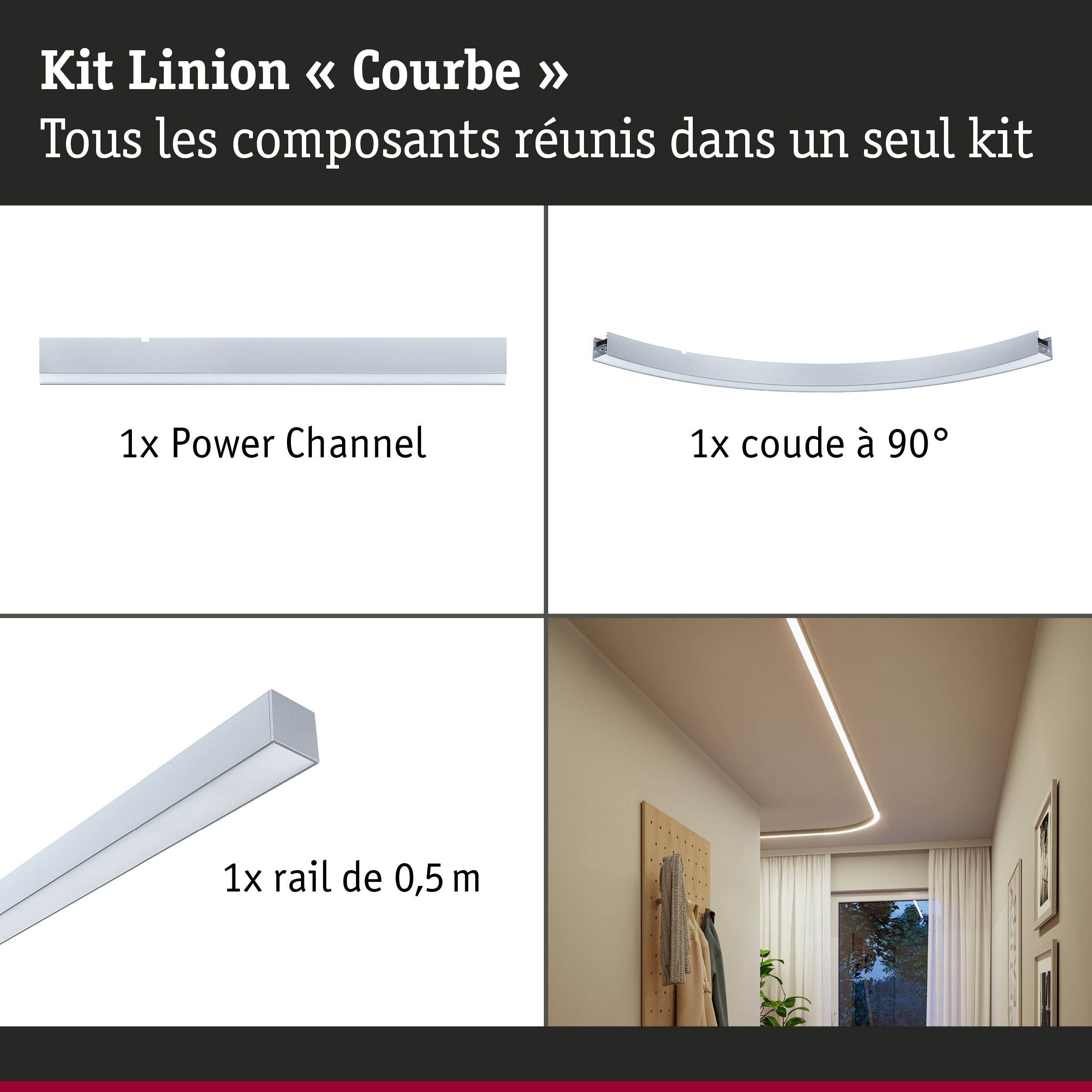 Linion Canal lumineux Courbe Kit complet 230/24V W 3000K Chrome mat