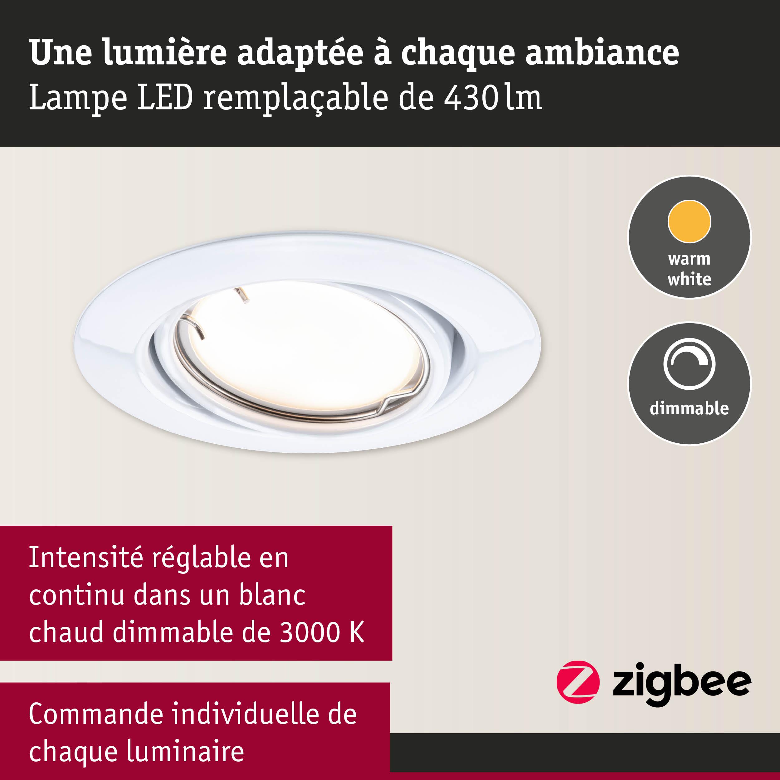 Spot encastré LED blanc avec lumière blanc chaud dimmable de 430 lumens
