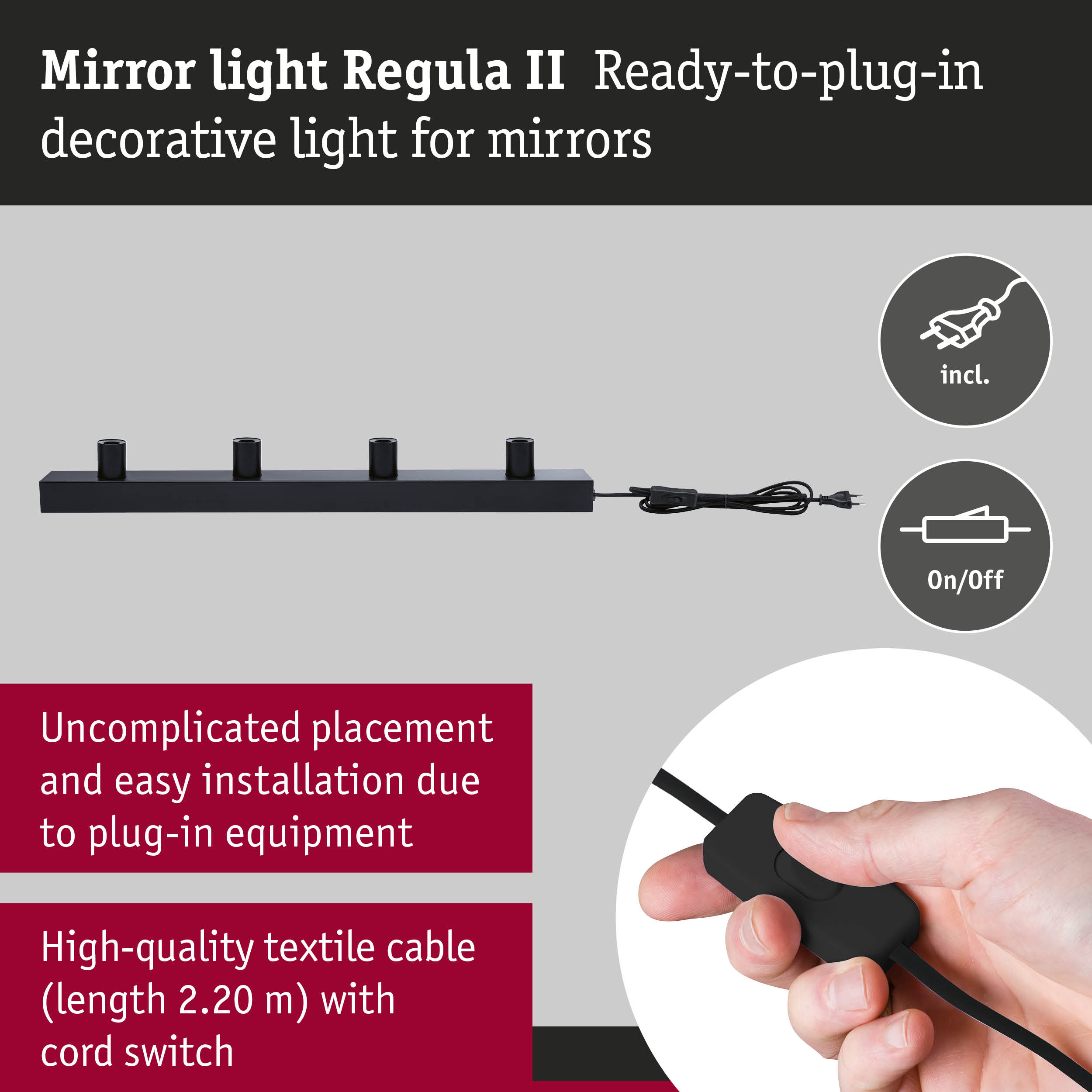 Black Mirror light Regula II with textile cable and on/off switch for easy plug-in installation