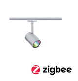 Silberner LED-Spot aus Metall mit RGB-Farbwechsel für Schienensystembeleuchtung und Zigbee-Steuerung
