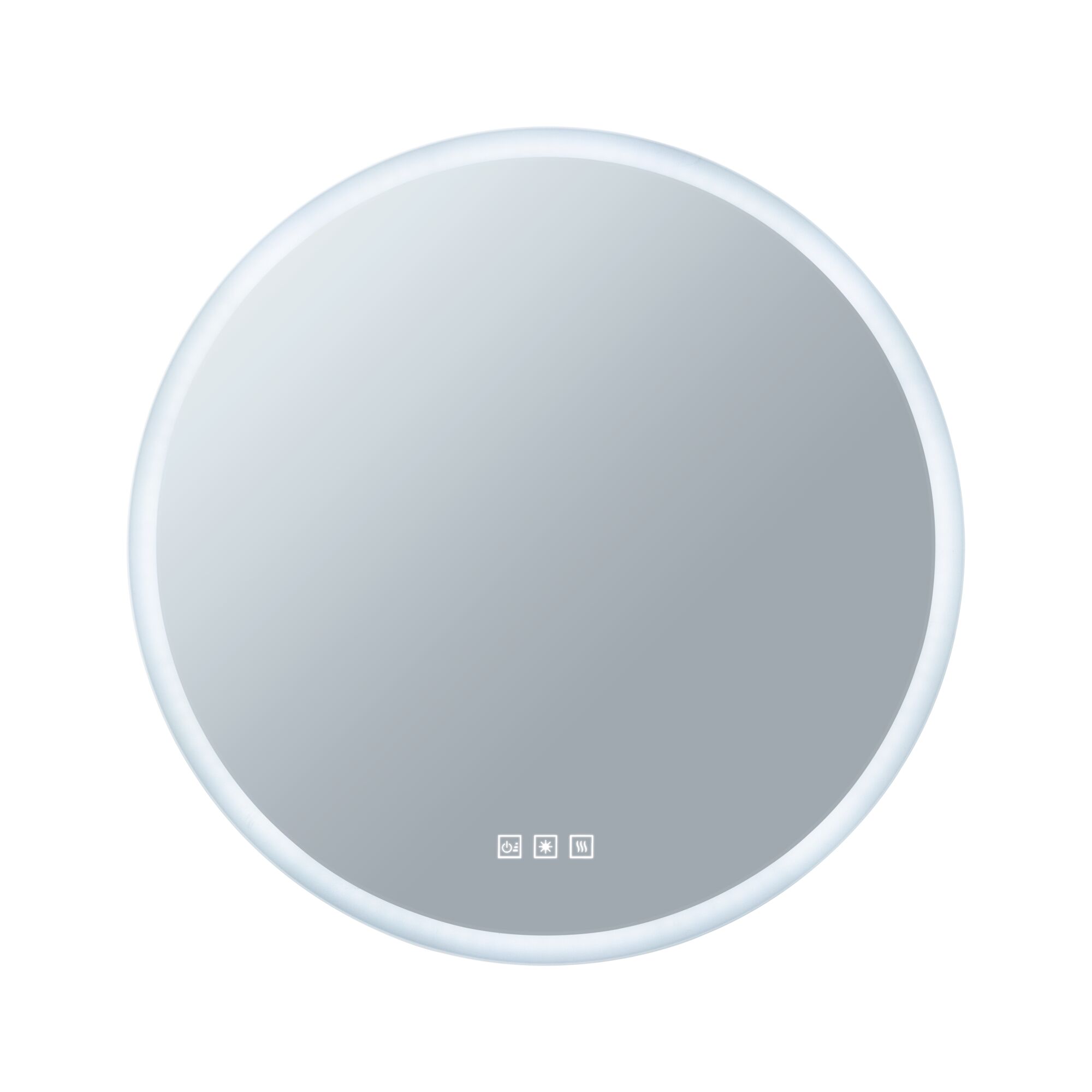 Round LED mirror with white lighting and touch controls for modern bathroom use.