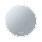 Round mirror with white LED lighting and touch sensors for light and heating control