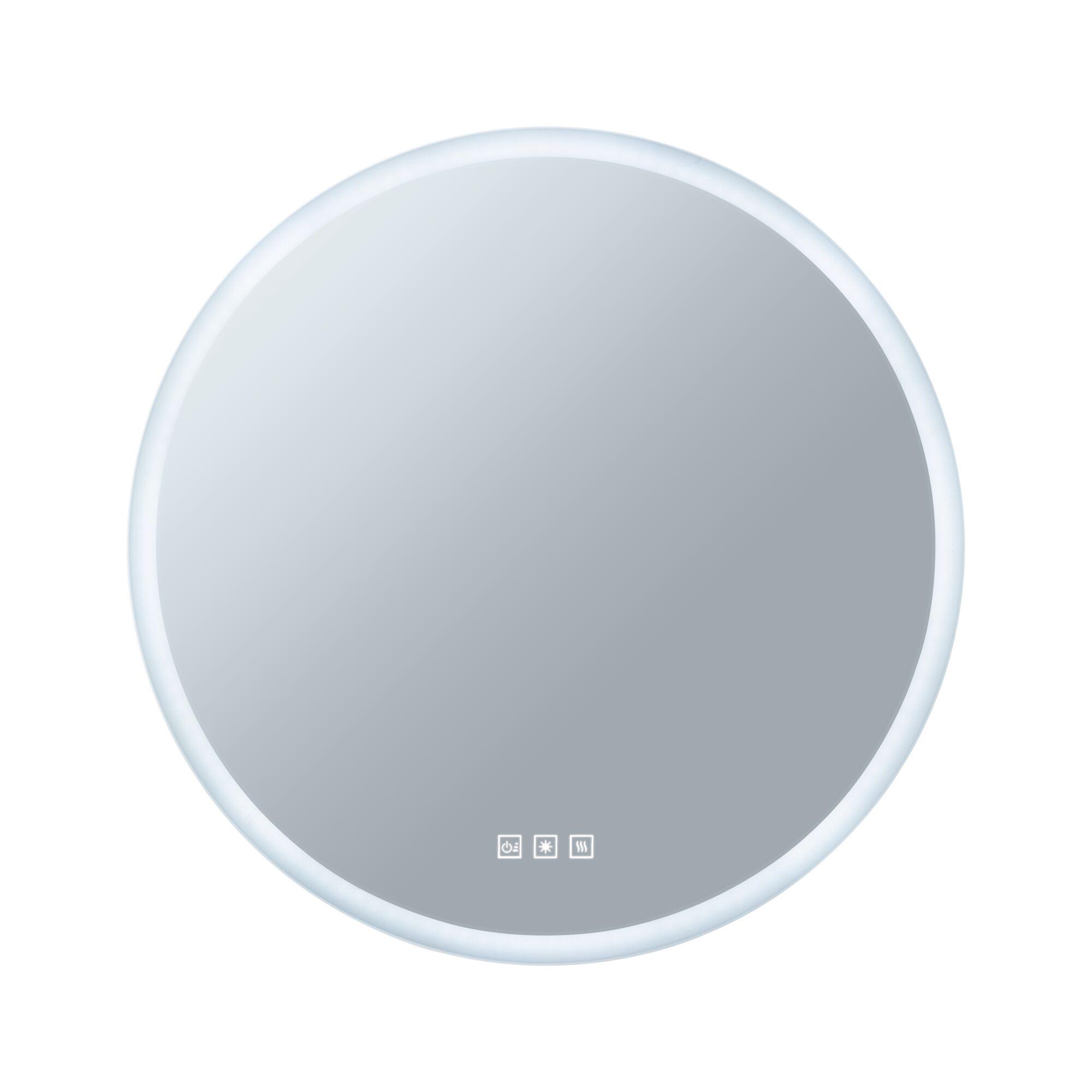 Round mirror with white LED lighting and touch sensors for light and heating control