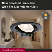 Black Nova recessed luminaire with flat GU10 LED reflector and pleasant warm white light for interiors