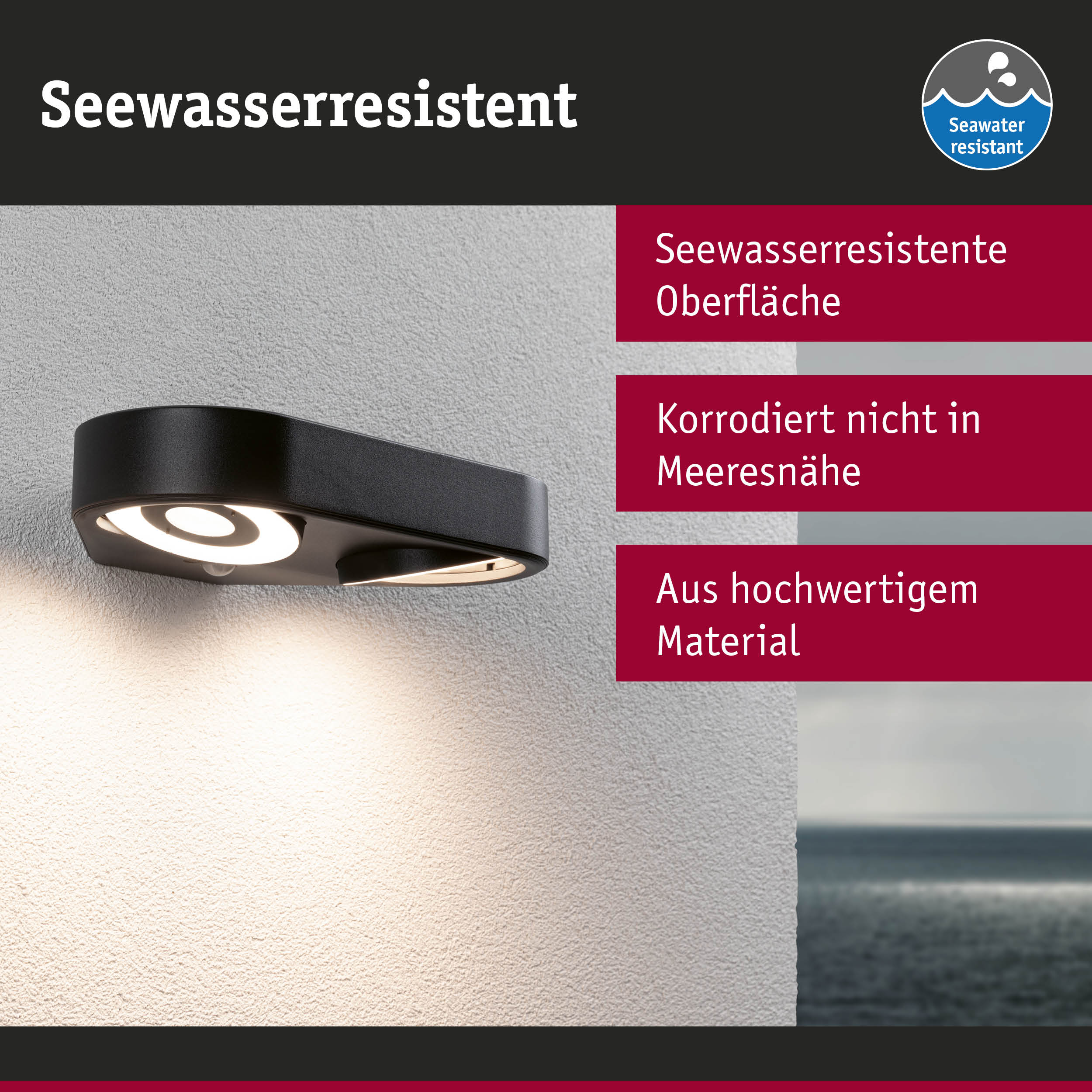 Schwarze Außenwandleuchte mit seewasserresistenter Oberfläche aus hochwertigem Material