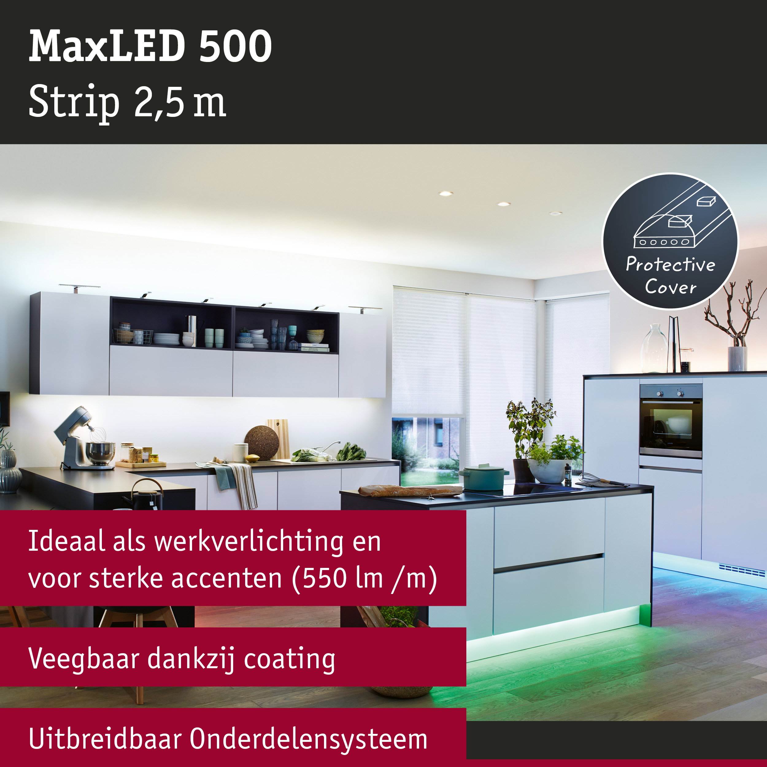 Moderne keuken met MaxLED 500 LED-strip van 2,5 m met beschermhoes en gekleurde accentverlichting
