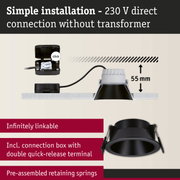 Black recessed spotlight with 55 mm depth and connection box for 230 V direct wiring without transformer