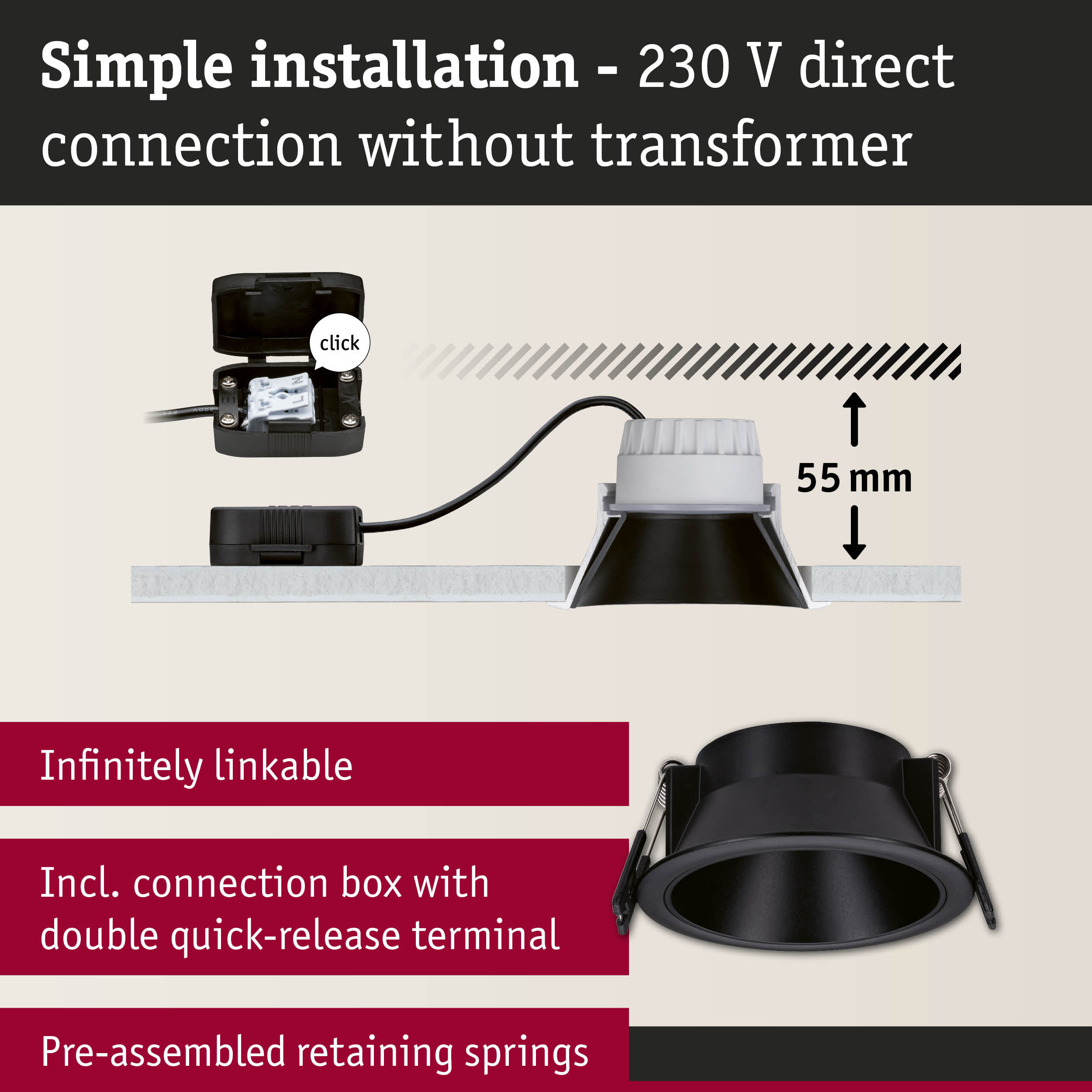 Black recessed spotlight with 55 mm depth and connection box for 230 V direct wiring without transformer