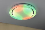 Round ceiling light with RGB color change and white housing for modern living spaces.