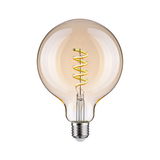 Round amber glass LED bulb with spiral filament for decorative lighting and warm ambiance