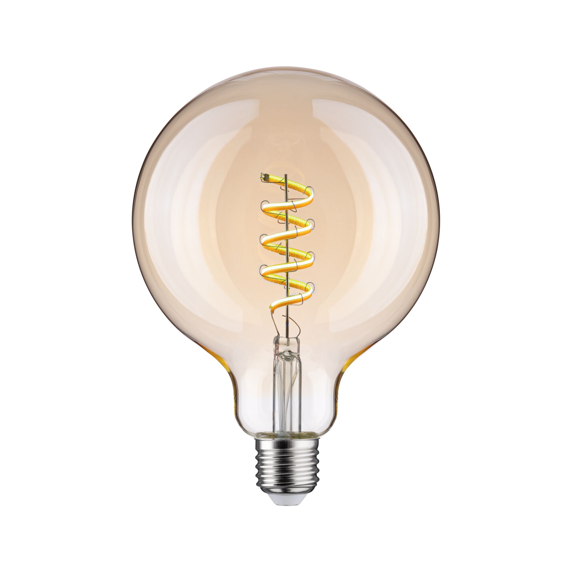 Round amber glass LED bulb with spiral filament for decorative lighting and warm ambiance