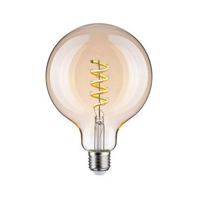 Round amber glass LED bulb with spiral filament for decorative lighting and warm ambiance