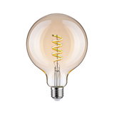 Round amber glass LED bulb with spiral filament for decorative lighting and warm ambiance
