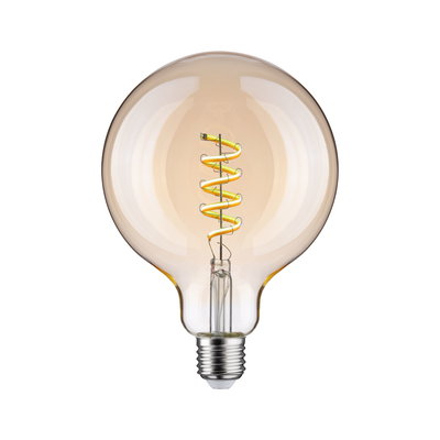 Round amber glass LED bulb with spiral filament for decorative lighting and warm ambiance