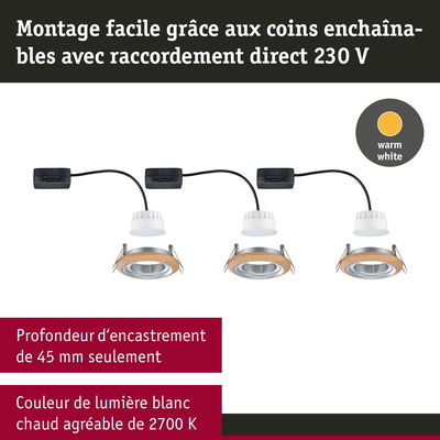 Trois spots LED encastrables avec anneau en bois, lumière blanc chaud 2700K, profondeur d'encastrement 45 mm