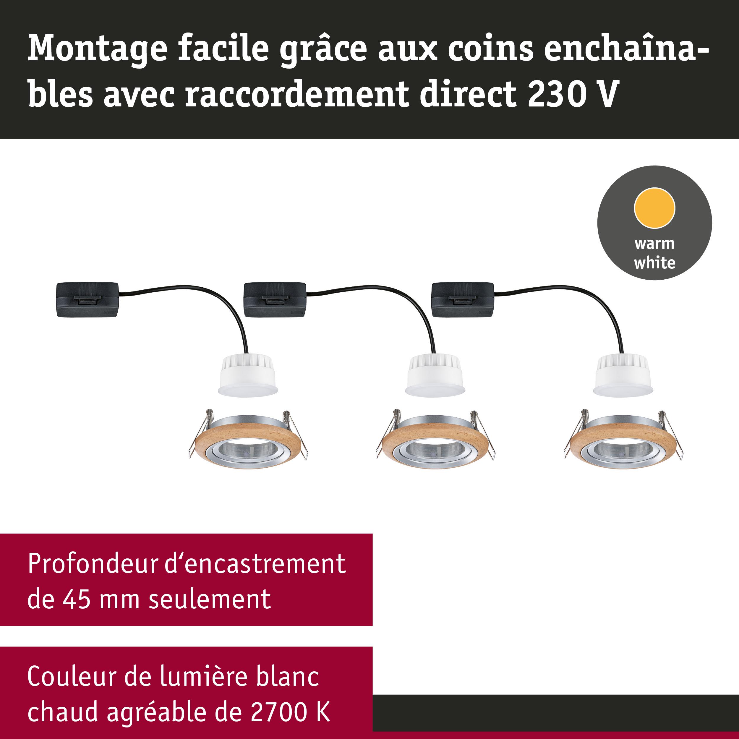 Trois spots LED encastrables avec anneau en bois, lumière blanc chaud 2700K, profondeur d'encastrement 45 mm