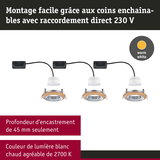 Trois spots LED encastrables avec anneau en bois, lumière blanc chaud 2700K, profondeur d'encastrement 45 mm