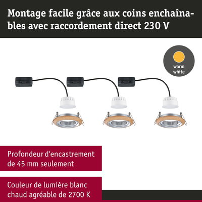 Trois spots LED encastrables avec anneau en bois, lumière blanc chaud 2700K, profondeur d'encastrement 45 mm