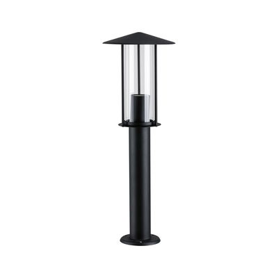 Black outdoor metal lamp with clear glass and pointed roof for garden and pathway lighting