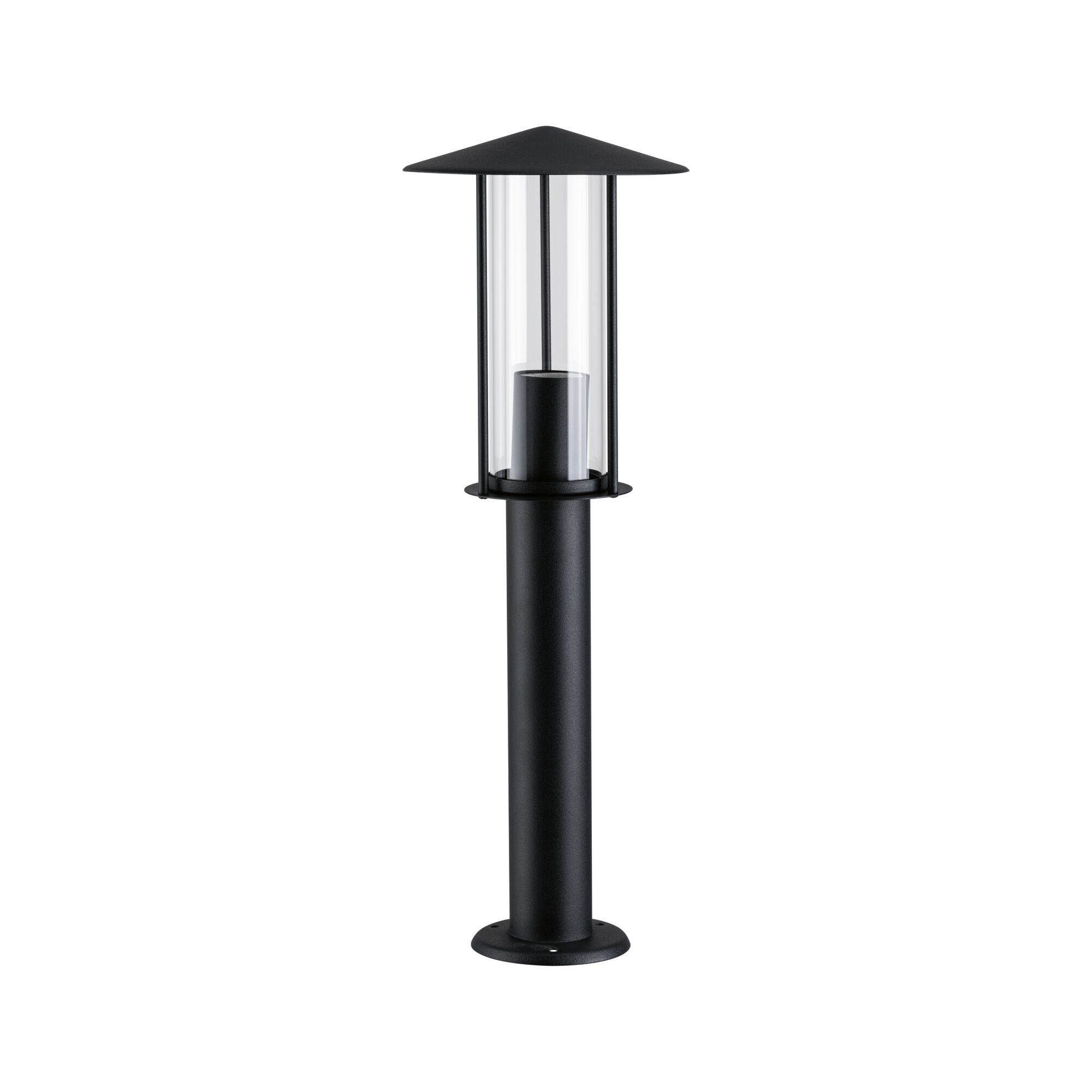 Lampe extérieure noire en métal avec verre transparent et toit pointu pour éclairage de jardin