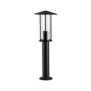 Moderne sort metal udendørs lysstolpe med klart glas og spidst tag til havebelysning