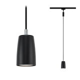 Black metal pendant light with cylindrical shade and black cord for modern interior lighting