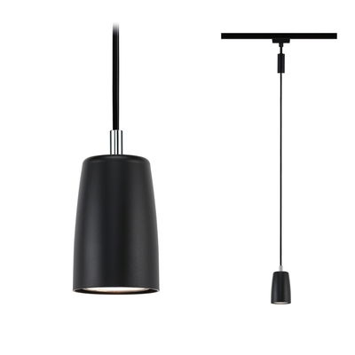 Black metal pendant light with cylindrical shade and black cord for modern interior lighting