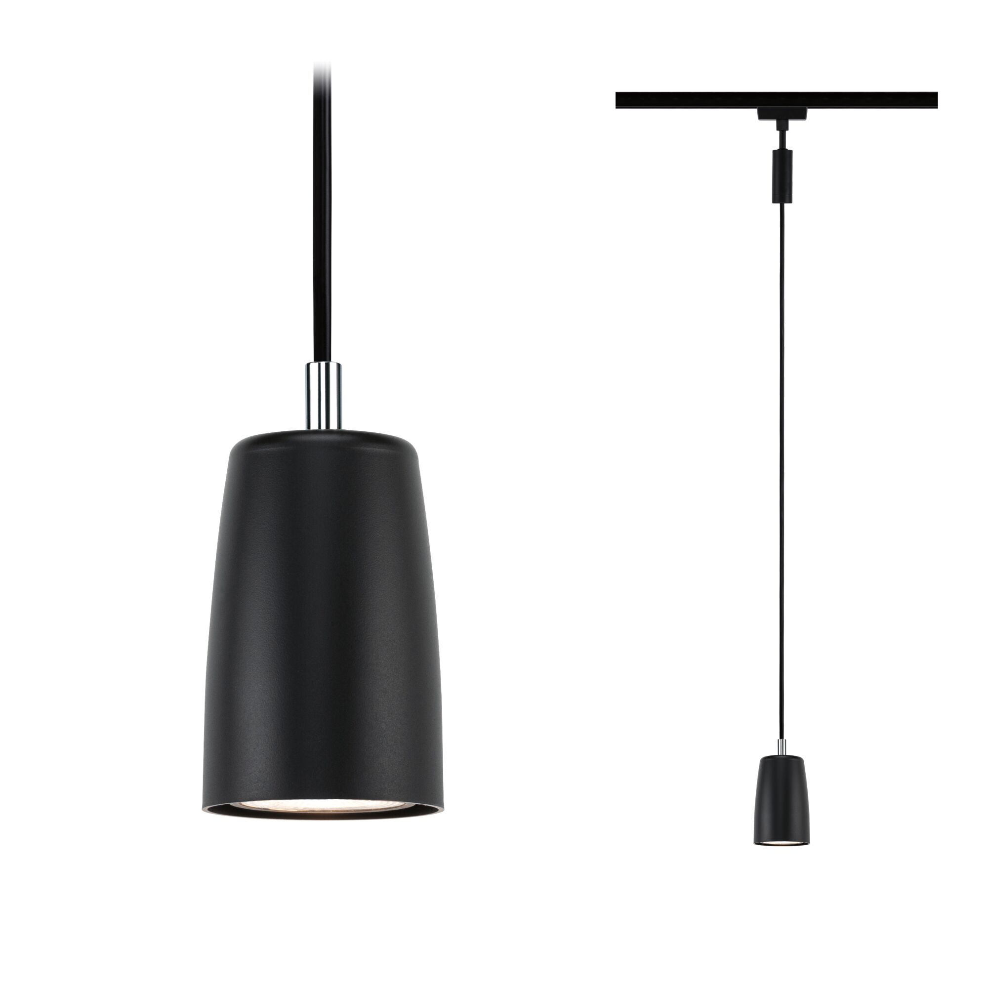 URail Suspension Cover GU10 max. 10W gradable 230V Noir mat Suspension noire en métal avec abat-jour cylindrique et câble noir pour éclairage intérieur moderne