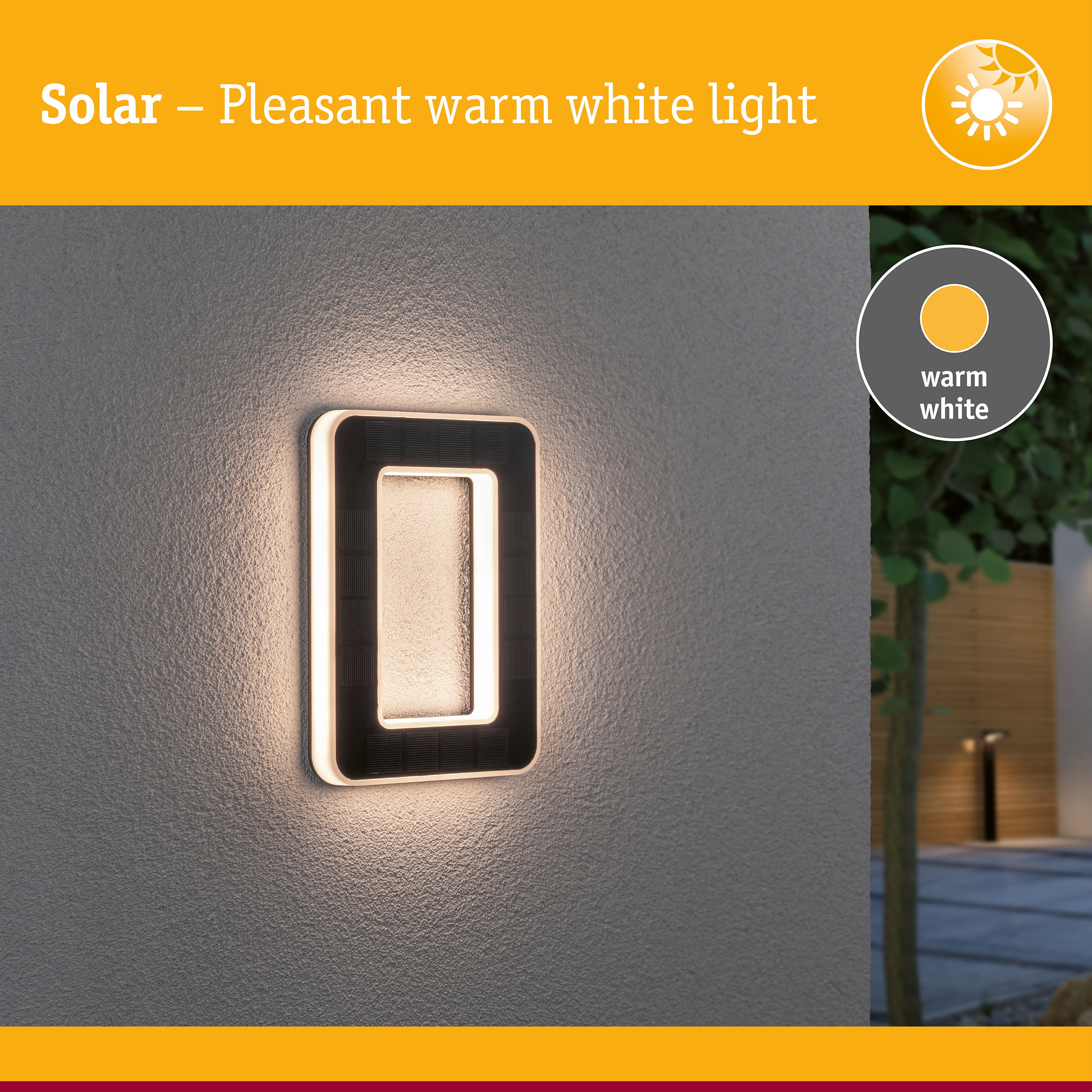 Solar outdoor wall light with warm white illumination and sleek rectangular design