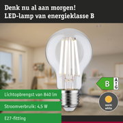 Transparante LED-lamp met neutraal wit licht en ultra-efficiënte technologie tegen groene bosachtergrond