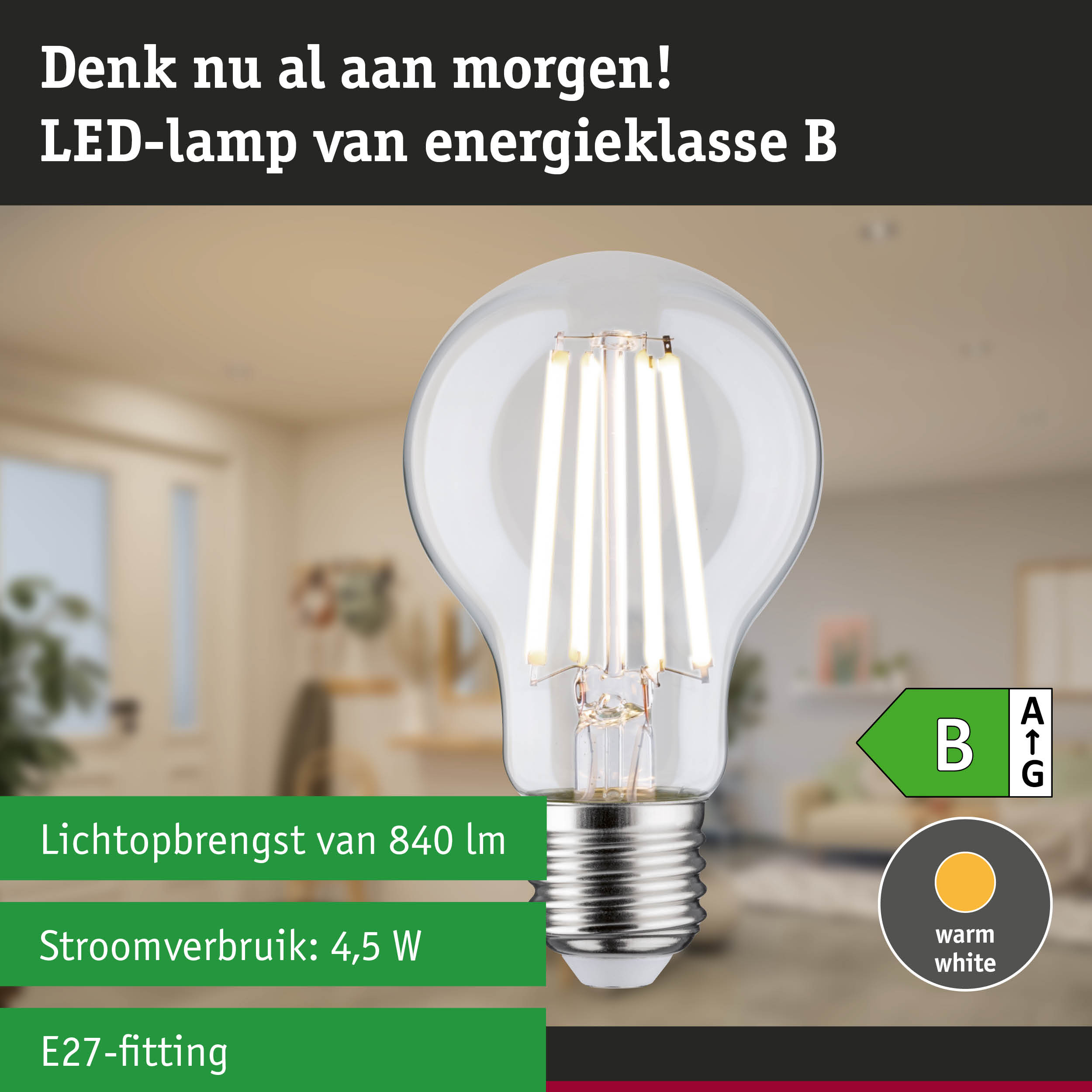 Transparante LED-lamp met neutraal wit licht en ultra-efficiënte technologie tegen groene bosachtergrond