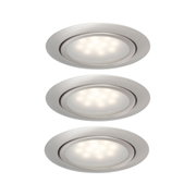Trois spots encastrés LED ronds en aluminium brossé argenté pour éclairage intérieur moderne.