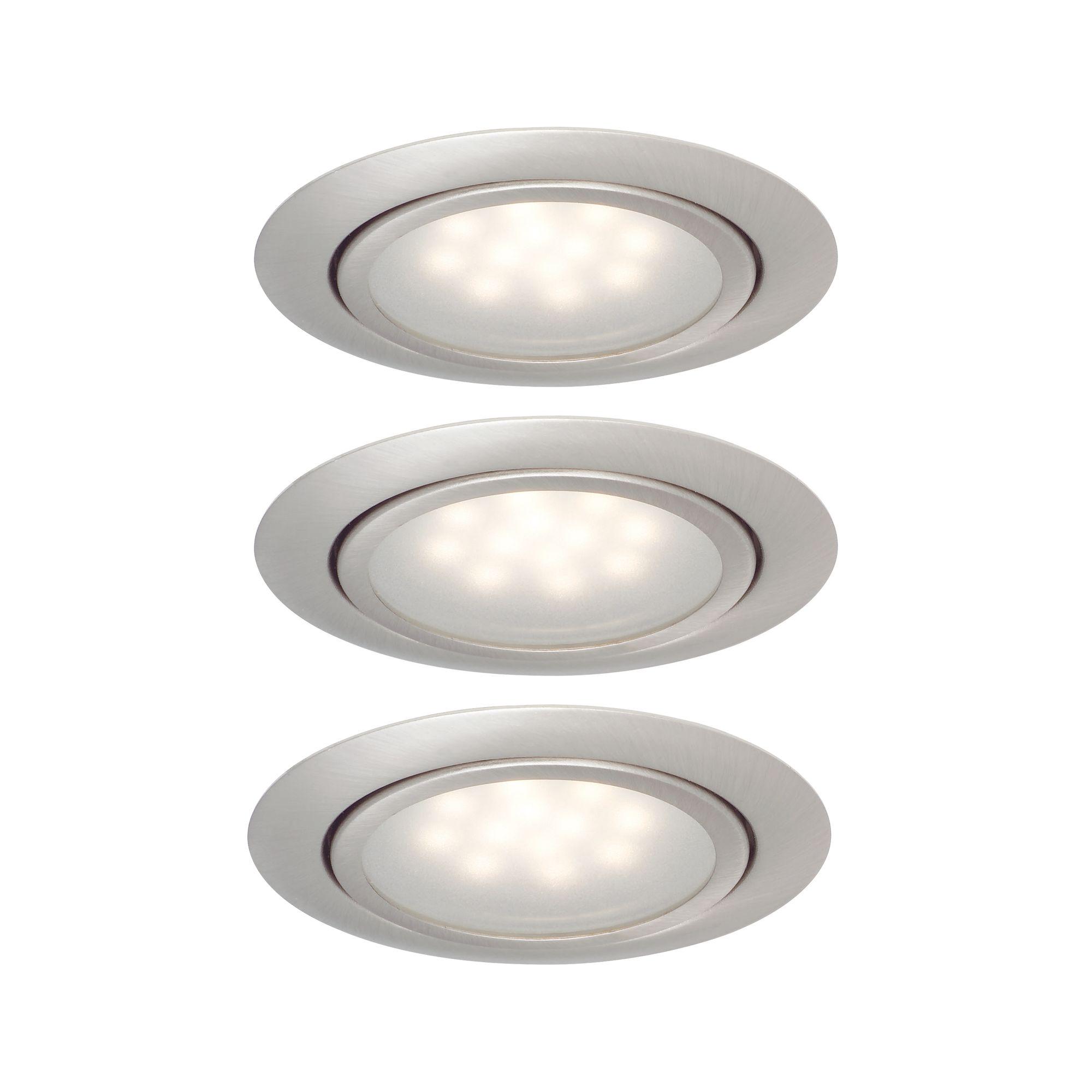 Trois spots encastrés LED ronds en aluminium brossé argenté pour éclairage intérieur moderne.