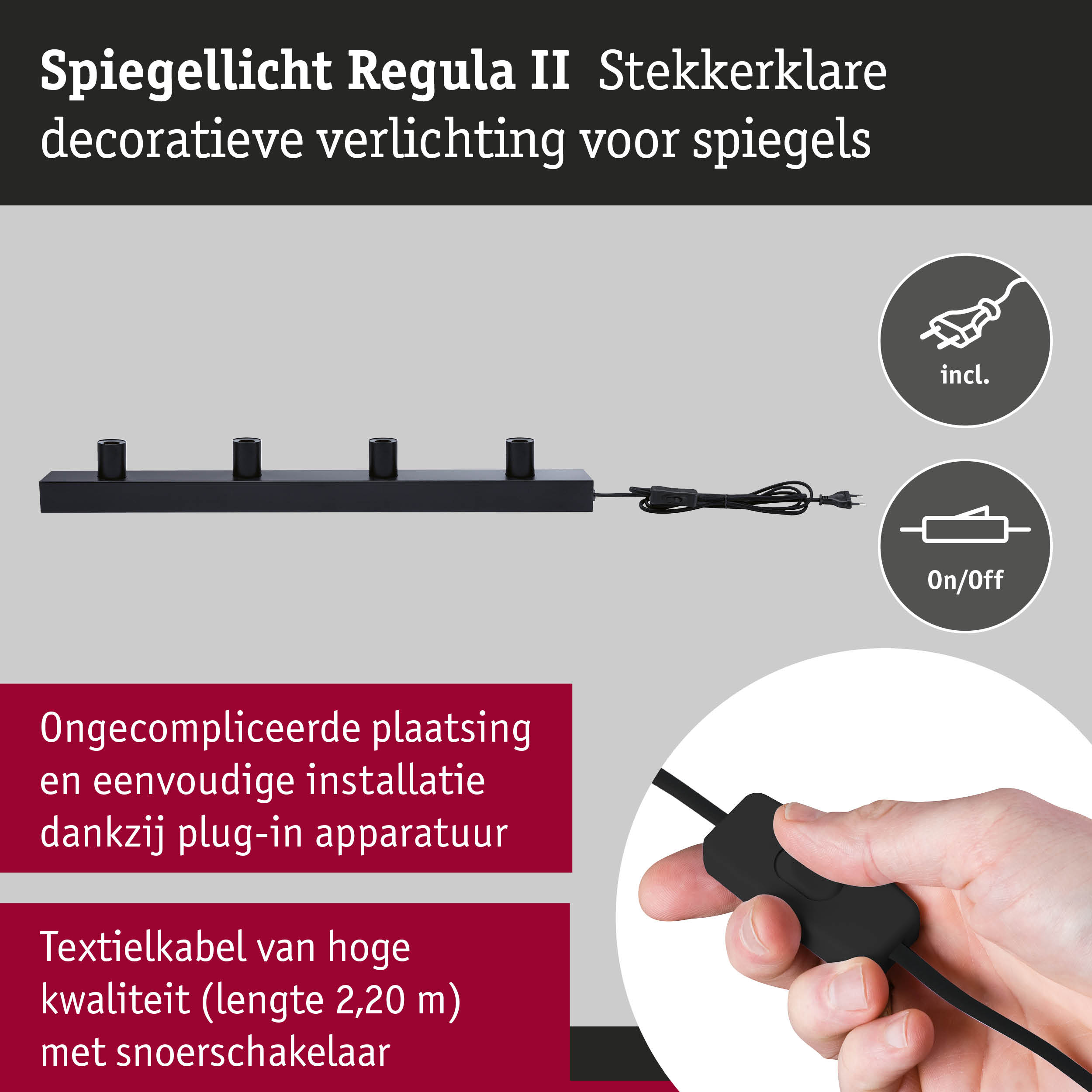 Zwarte Spiegellicht Regula II metalen spiegelverlichting met vier fittingen en textielkabel met schakelaar