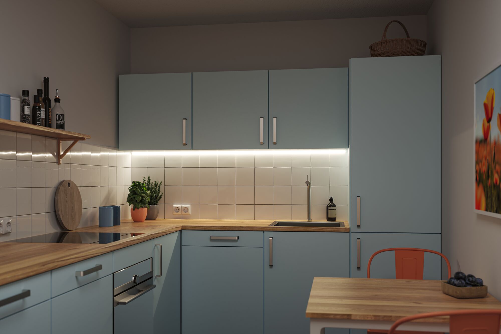 Modern kitchen with light blue wooden cabinets, wooden countertop and LED under-cabinet lighting for kitchen