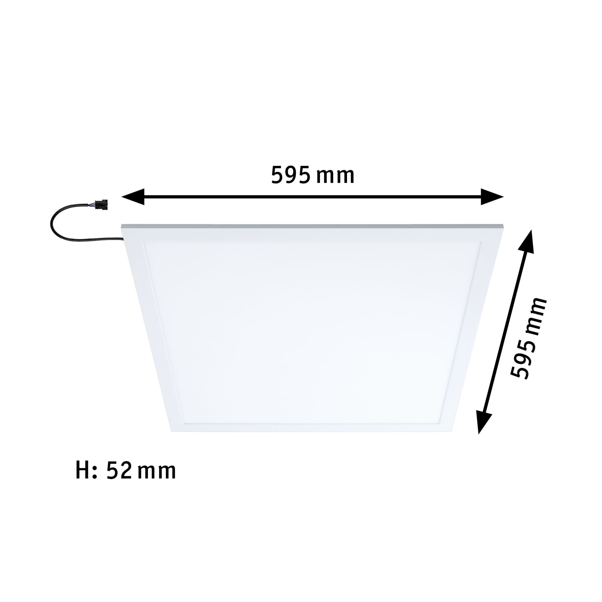 Square white LED panel 595x595 mm with 52 mm height for modern indoor lighting solutions