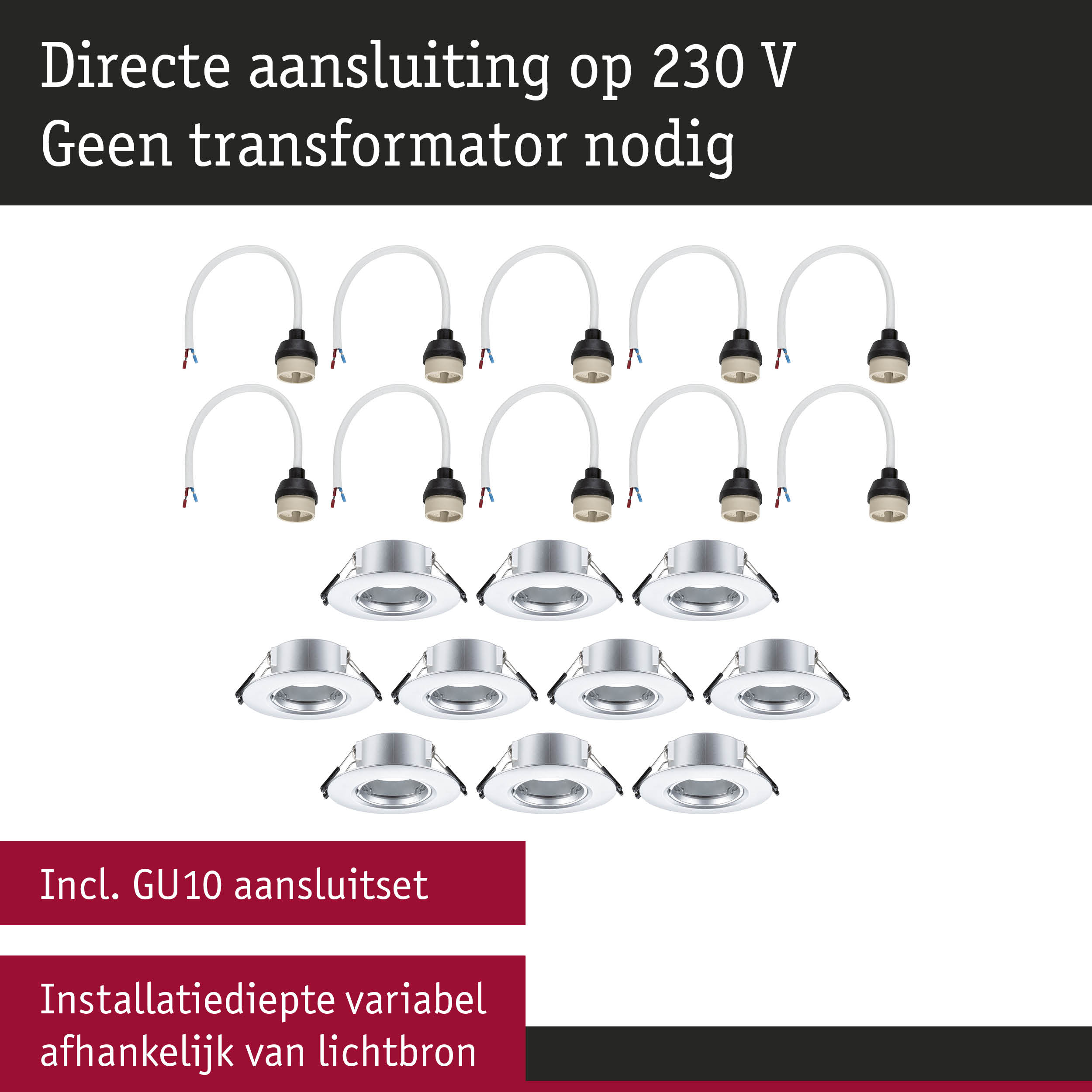Set zilveren inbouwspots met witte GU10 aansluitkabels voor 230V directe aansluiting zonder transformator