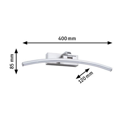 Curved LED wall light in brushed silver aluminum with dimensions 400x85x120 mm for modern lighting