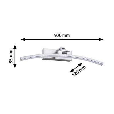 Curved LED wall light in brushed silver aluminum with dimensions 400x85x120 mm for modern lighting
