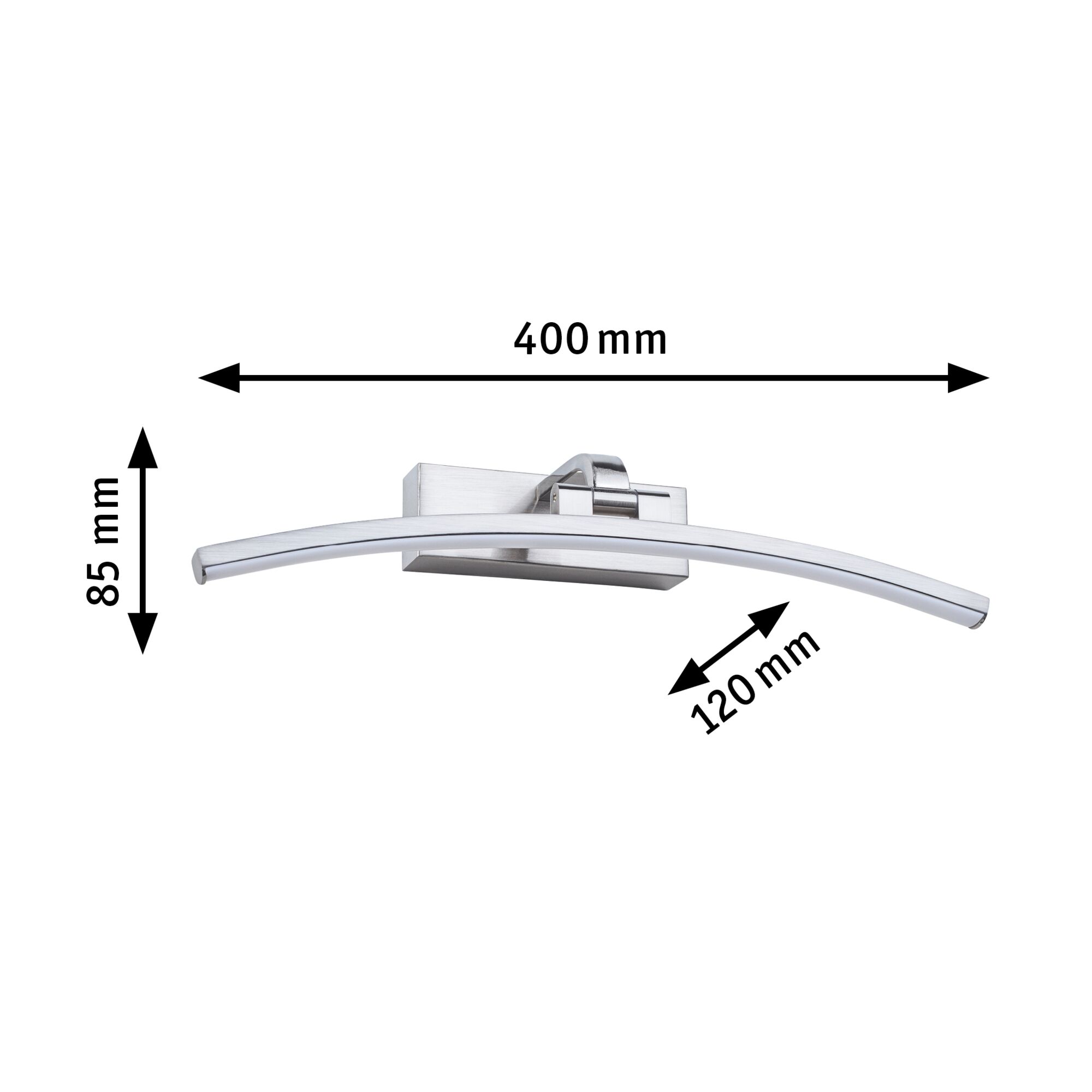 Gebogene LED-Wandleuchte aus gebürstetem Aluminium in Silber mit Maßen 400x85x120 mm