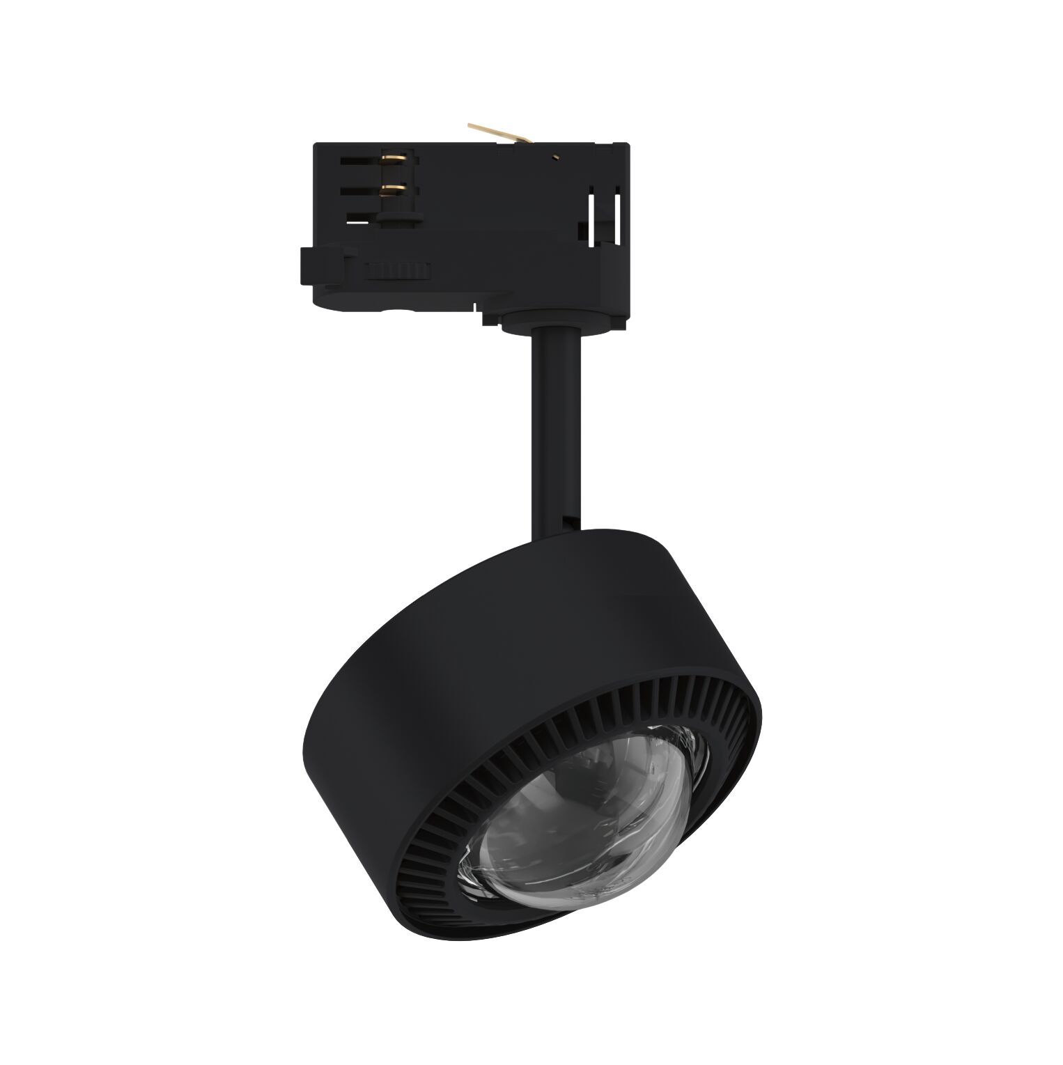 Black plastic LED spotlight with clear glass and track adapter for versatile lighting solutions