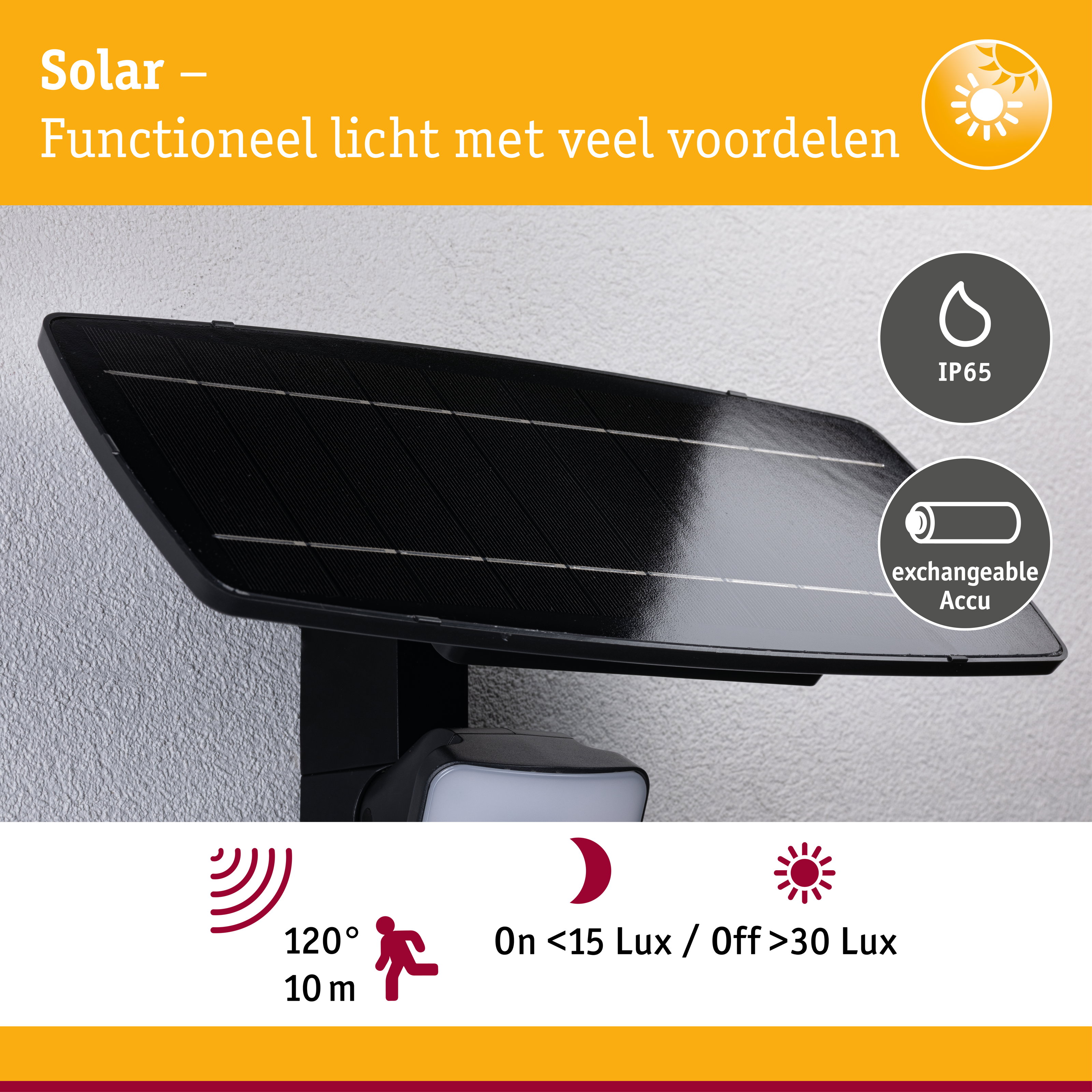 Zwart zonnepaneel met IP65 bescherming en verwisselbare accu voor efficiënte buitenverlichting met bewegingssensor