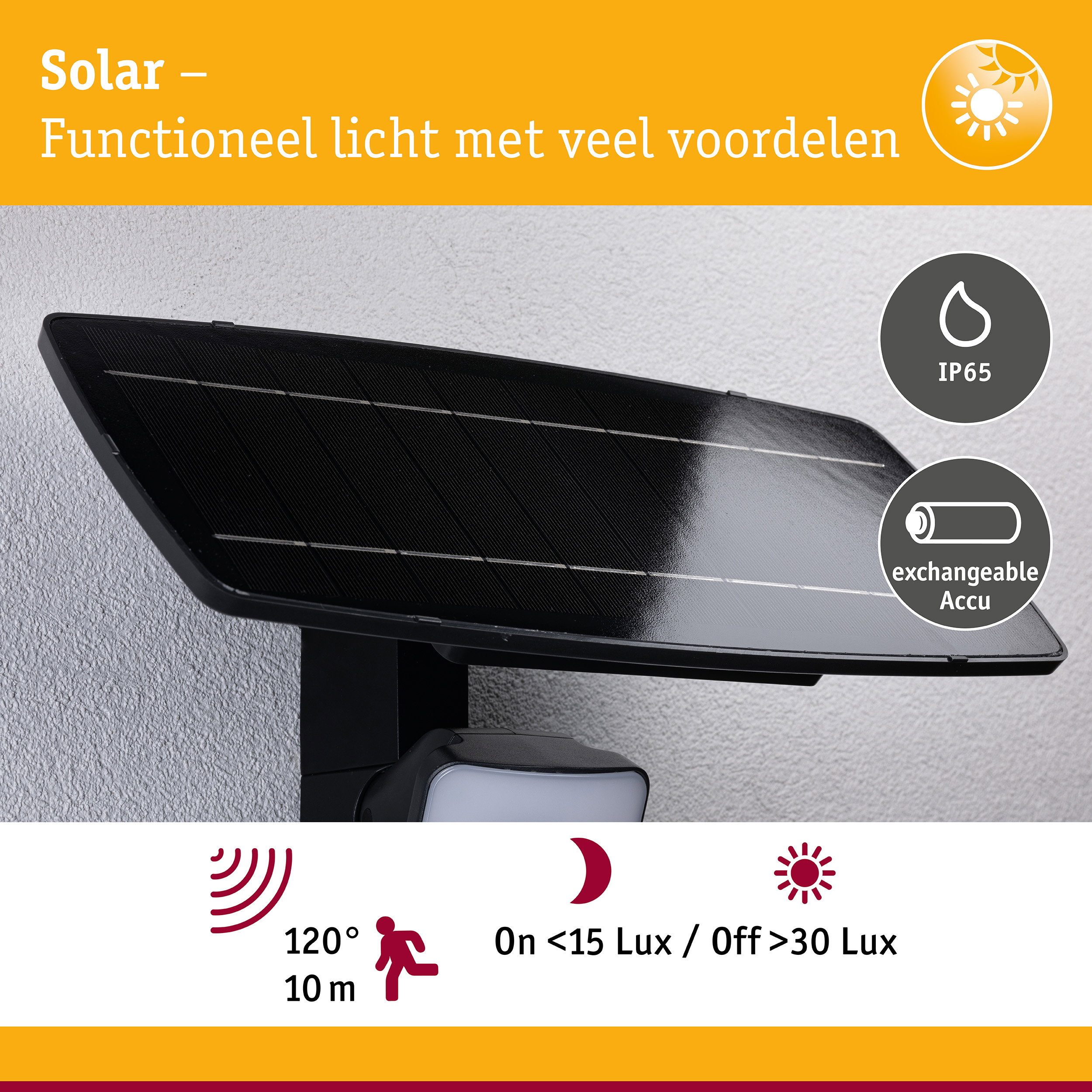Zwart zonnepaneel met IP65 bescherming en verwisselbare accu voor efficiënte buitenverlichting met bewegingssensor